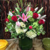 Large mix of Stargazer lilies, Hydrangea, Red Roses, Viburnum, and helleborus, all