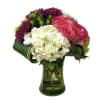 Colorful arrangement designed with Pink Roses, Hot and Light Pink Gerbera Daisies