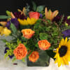 Orange Roses, Sunflowers, Fancy Hydrangea, Mixed Roses, Purple  Lisianthus ,Orange LiliesSolidago