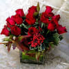 Cube centerpiece with 20 Red Freedom Roses with Berries and Autumn leaves
