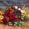Low Centerpiece of Red Roses, Gold Denbrobium Orchids, White Berries, dark mums