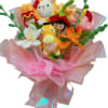A delightful handmade crochet bouquet featuring adorable cartoon and animal characters, wrapped