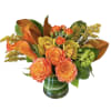 Orange roses, orange calla lily, yellow cymbidium orchids, green hydrangea, orange spray