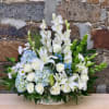 Large basket of arranged blue and white flowers - Gladiolus, bells of