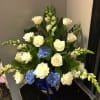 Blue &amp; White Roses, Snapdragon &amp; Carnations. 