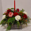 Grey/Black wood panel box, assorted Christmas greens, candy cane carnations, white carnations