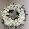 Beautiful peaceful 18" Sympathy Wreath filled with white hydrangeas, lillies, roses, 
