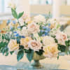 Pastel perfection in full bloom! Blushing roses and pristine white stock are
