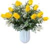 Bright and uplifting, this arrangement of 18 yellow roses in a white