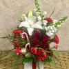 Recipe: Asiatic White Lilies, White Snapdragons, Red Carnations, Red Roses, and Pine