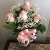 6 Pink Roses arranged in Glass Vase w/ greens &amp; filler

Approx. Height