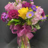 clear vase
roses, stock, asters, carnations, monte casino and greens