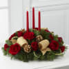 Red and gold accent this 3 candle traditional centerpiece.  The deluxe