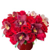 1 dozen red rose, 1 dozen hot pink rose, and cymbidium orchids