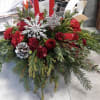 SPARKLING CENTERPIECE WITH MIXED CHRISTMAS WINTER GREENS , SILVER SNOWFLAKE ORNAMENTS, 
ROSES