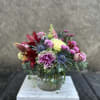 Decorative Kale , burgundy asiatic Lillies, chrysanthemums, lavender roses, snapdragons, eryngium, button