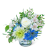 The crisp blues and whites of this bouquet are reminiscent of a