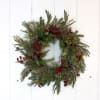 Artificial Holiday wreath of mixed winter greens, red berries and pinecones
27" Diameter
