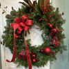Custom designed fresh evergreen wreath 26&quot;, featuring a festive bow, magnolia leaves