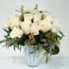 These 2 dozen white roses with seeded eucalyptus in our flower shaped