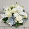 WHITE CENTERPIECE IN CLEAR GLASS CUBE VASE BY TWIN TOWERS FLORIST IN