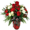 A red and white Christmas design featuring ample white spray roses and