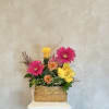A beautiful Basket with pink and yellow blooms, with a lil touch