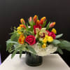 Roses, Tulips, Hydrangeas, Orchid blooms, green in 6x6 glass vase 