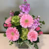 Pink gerber, pink stock pink spray roses and other mixed flowers
in a