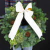 10 inch mixed greens, white bow Christmas Wreath