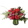 Red roses, red spray roses, red gerbera daisy, red berries, red cymbidium