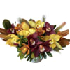 Mix of red, yellow and orange cymbidium orchids and special greens in