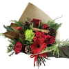 Red roses, red spray rose, red berries, green hydrangea, red gerbera daisy