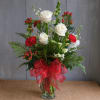 Classic tall and elegant bouquet of red and white flowers with a