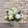 Mirrored Square Container Filled With Hydrangea, Roses,
Fuji Mums, Pine Cones and Holiday