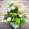 Festive Arrangement Using Roses, Hydrangea, Pine Cones, Fresh Evergreens and Selection of