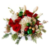 This impressive bouquet includes red roses, white tulips, and white hydrangea accented
