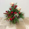 Fresh evergreens, red mini carnations,  gorgeous sweetness roses and white wax