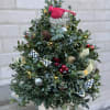 A stunning, custom made boxwood Christmas tree decorated with lights, ribbons, berries
