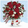 A delightful mix of red carnations, red miniature carnations, white button spray