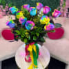 A mesmerizing bouquet of vibrant rainbow roses, each petal bursting with a