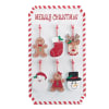 The ornaments include: gingerbread man, gingerbread girl, stocking, snowman, Santa, and reindeer.