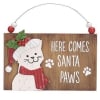 Distressed wooden plaque ornament with raised kittens wearing tin Santa hats and
