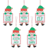 Decoupaged wooden elf ornament assortment. Elves hold message signs. Bells attached to