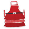 Red fabric apron with black belt attachment. Red and white polka dot