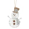 Distressed white tin snowman Christmas ornament has brown top hat and galvanized