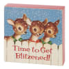 This wooden block sign displays vintage art of three cute reindeer in