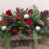 12&quot; Birch box filled with Christmas greens, roses, berries, safari sunset, pine