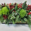 Pacific northwest evergreens and pinecones, local varigated or plain holly, mossy dianthes