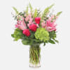 hot pink roses, green hydrangeas, pink lily, pink stock, salal tips and